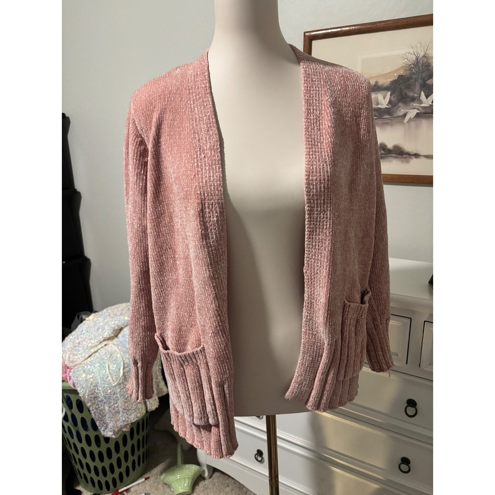 Seven7 Chenille Pink Cardigan Open Front Knit Sweater with Pockets Size Small